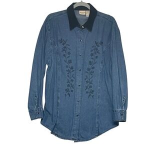 Vintage Crossroads Woman Denim Black Floral Embroidery Western ShirtWomen's 1X